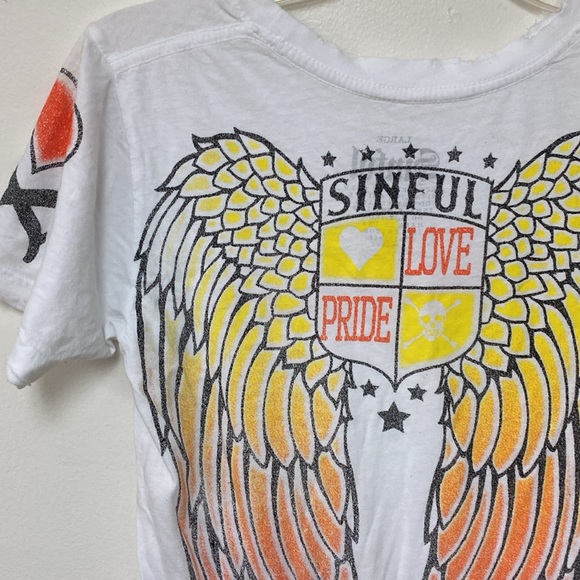 Sinful 💯 Cotton Butter Soft Print Tee Distressed Collar and Sleeveless - Picture 8 of 16